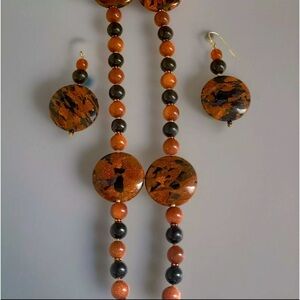 Beautiful Black And Brown Goldstone hand Beaded Necklace And Earrings Set